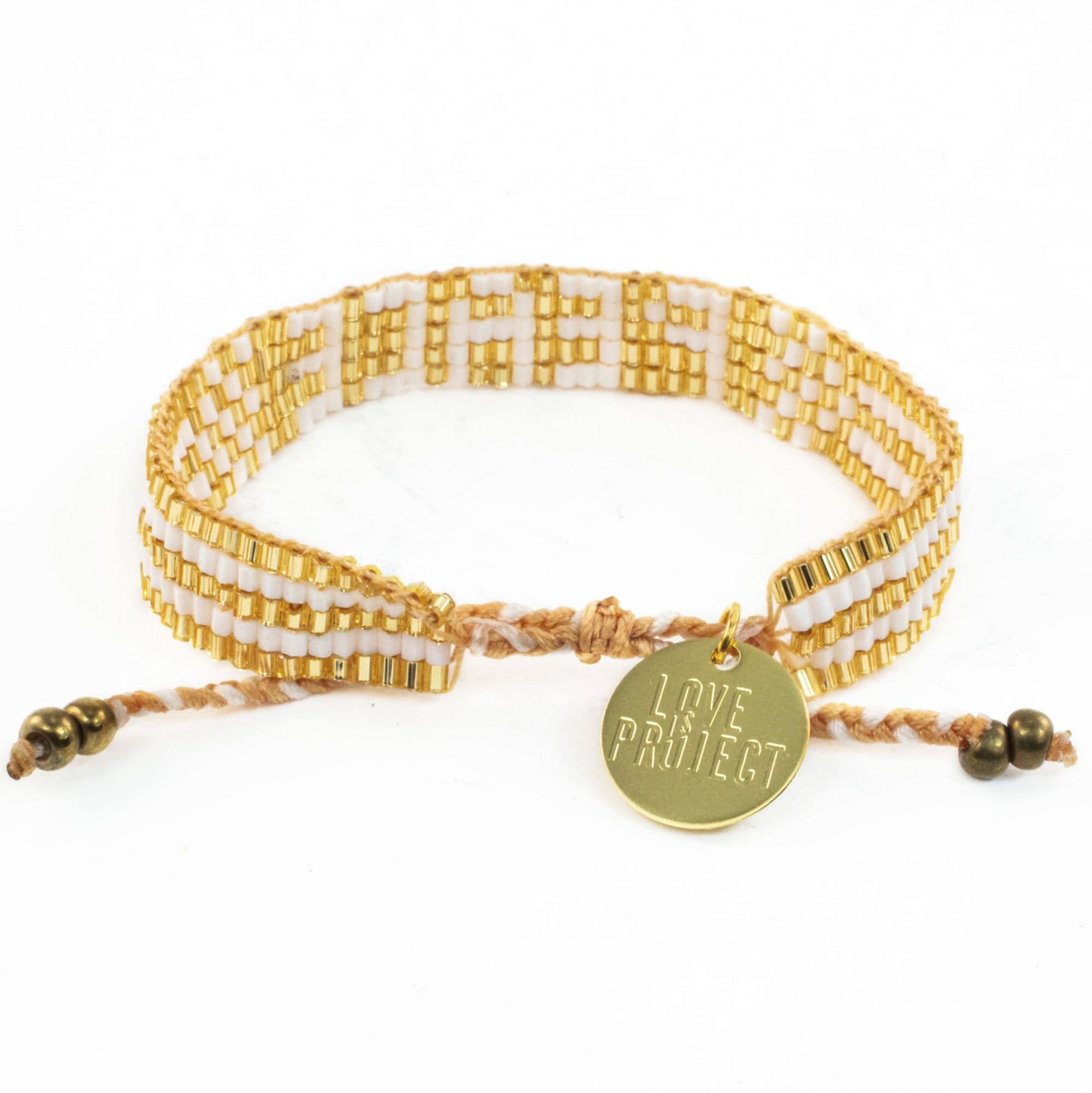 Seed Bead PEACE Bracelet - Gold & White - Love Is Project