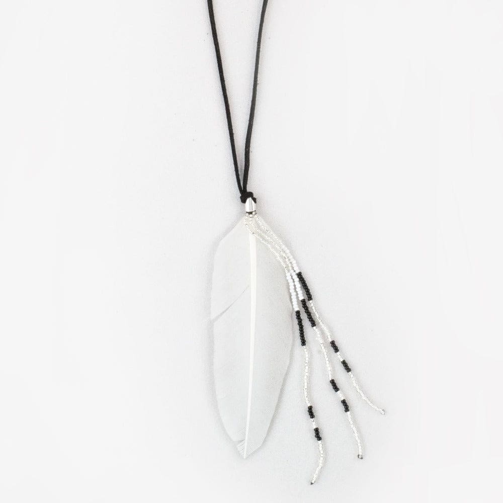 Feather Pendant Necklace with black suede necklace and black and white beads